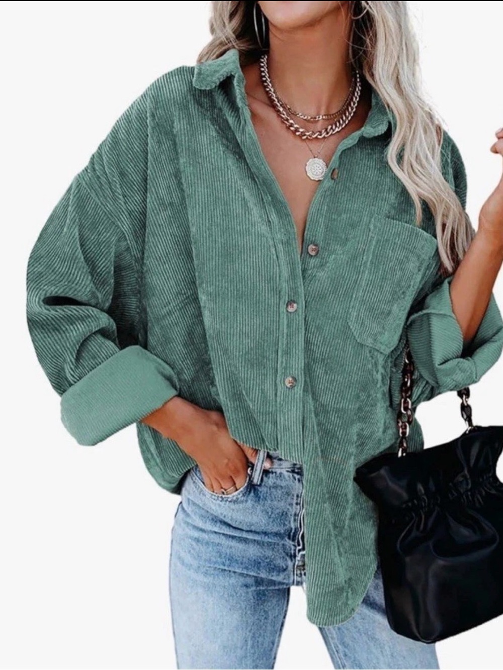 Women’s Corduroy Casual Long Sleeve Button Down Shacket Teal/Green XL